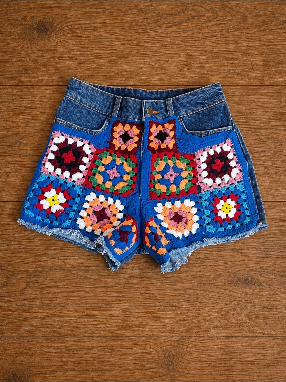FARM Rio for Anthropologie Crochet Granny Square Denim Shorts Women’s Size 26